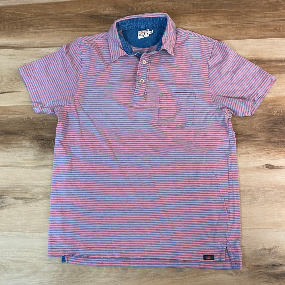 Faherty Brand Mens Medium Polo Shirt Striped Coral Blue Casual Organic Cotton
